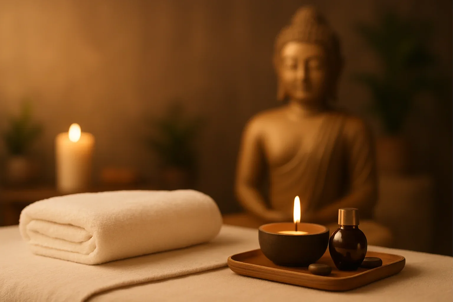 A folded white towel on a massage table, candles, and a black bottle with a golden cap on a wooden tray, with a Buddha statue and candles in the background creating a peaceful spa ambiance.