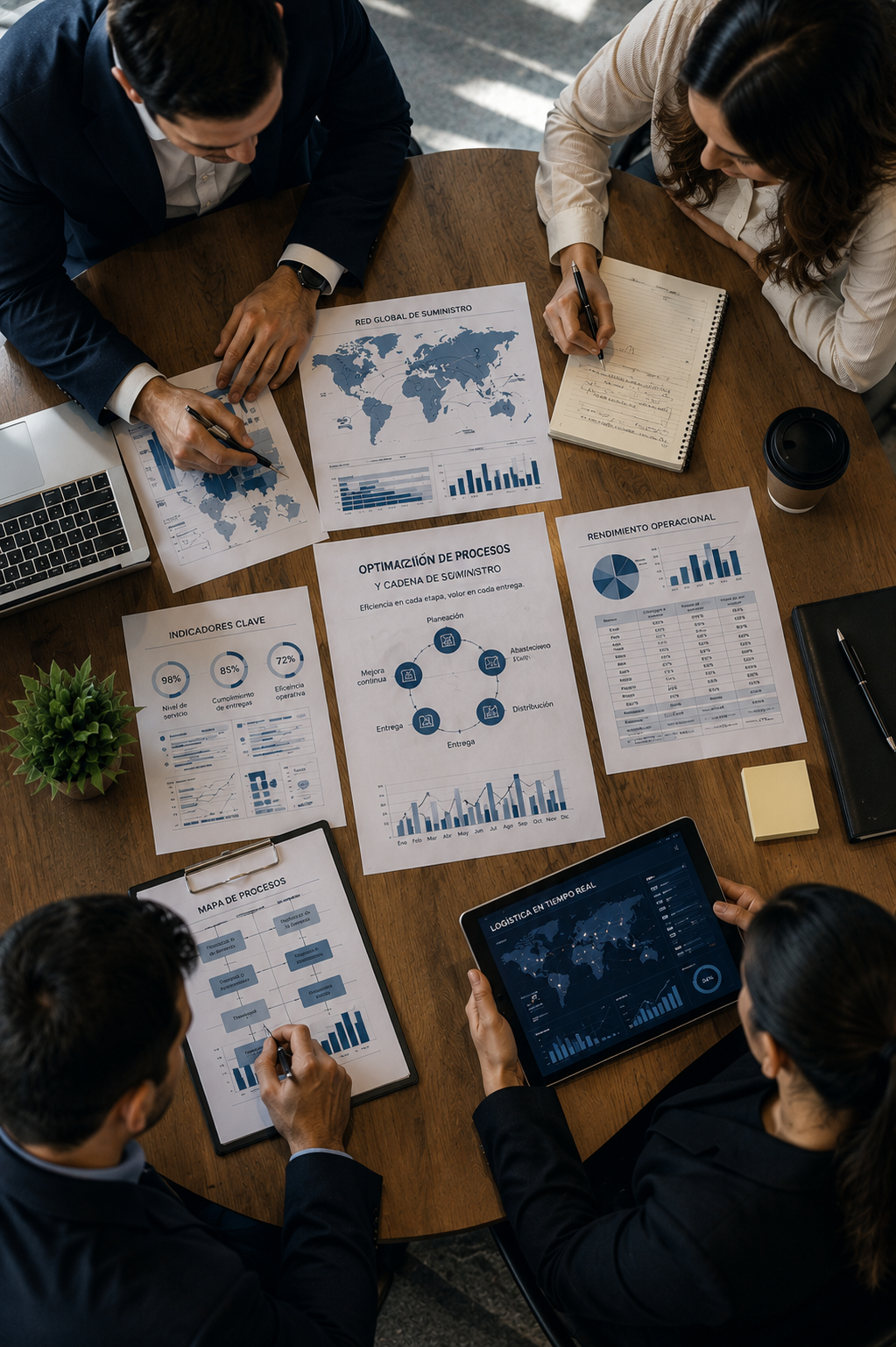 Reunión de trabajo con personas analizando gráficos y documentos en una mesa