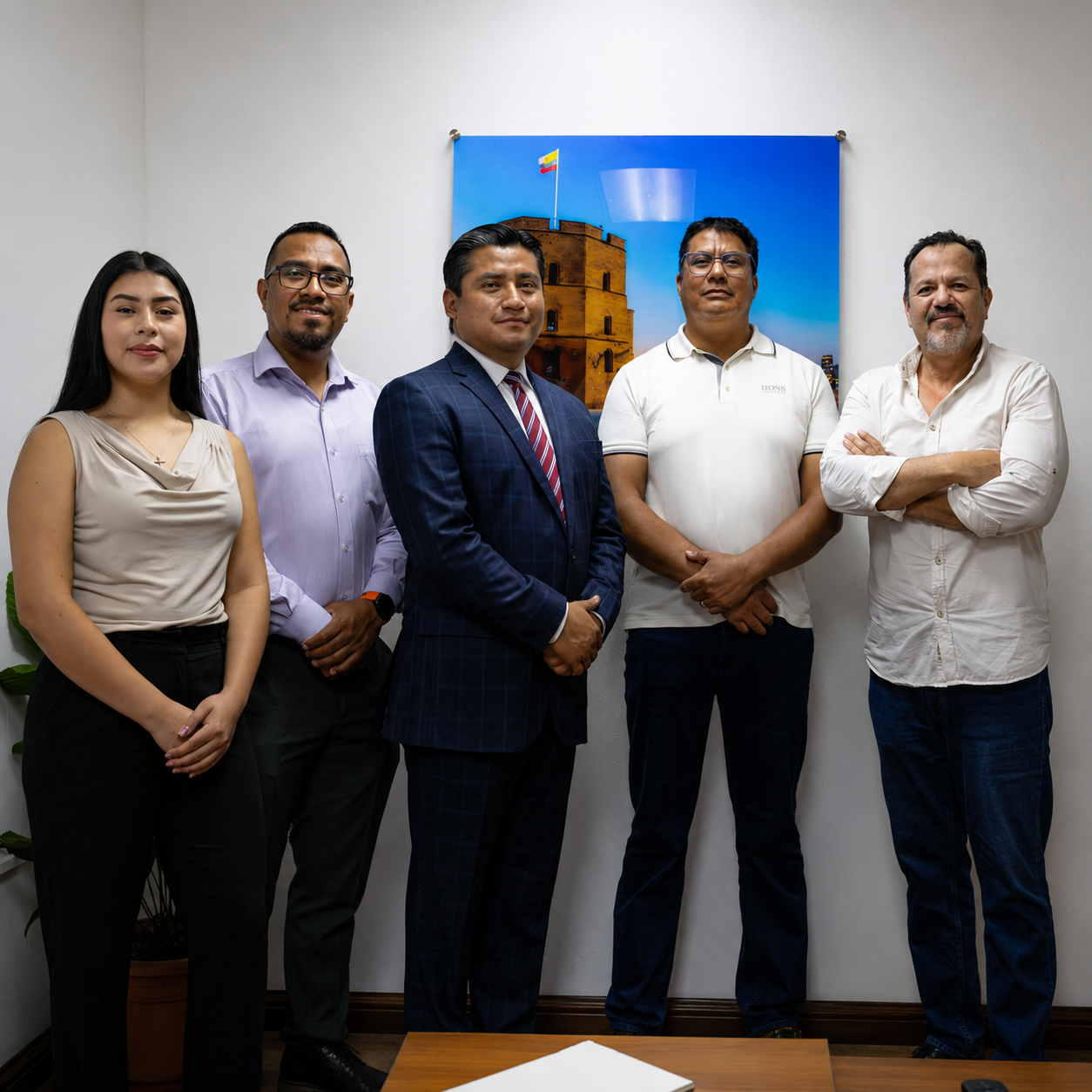 Grupo de seis personas posando en una oficina, con un cuadro de fondo que muestra un edificio con bandera en un cielo azul.