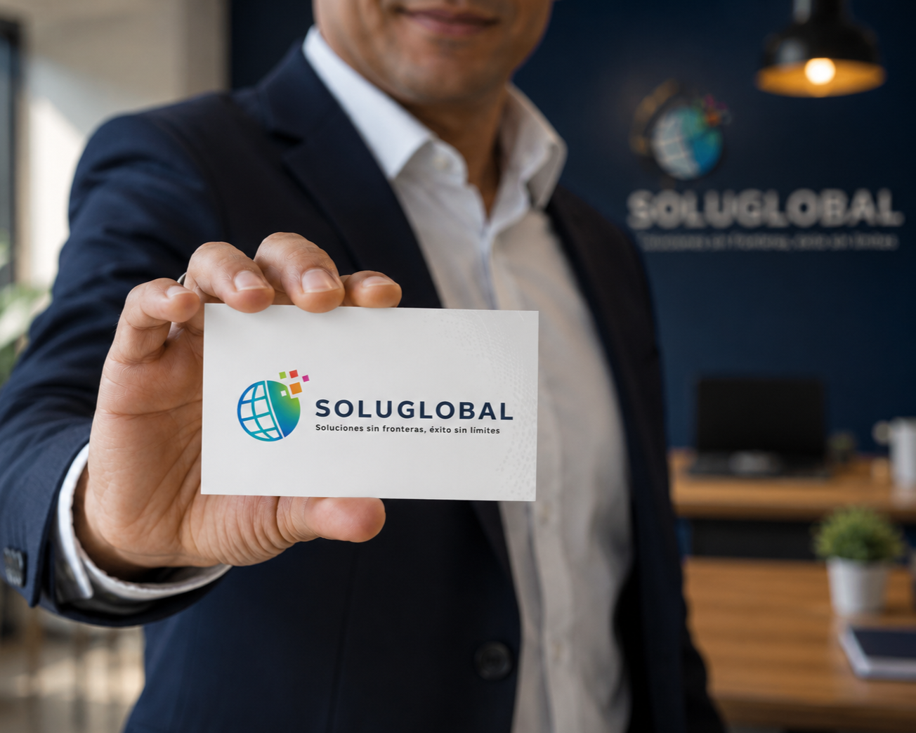 Hombre de negocio sosteniendo una tarjeta con el logotipo de SOLUGLOBAL en una oficina moderna.