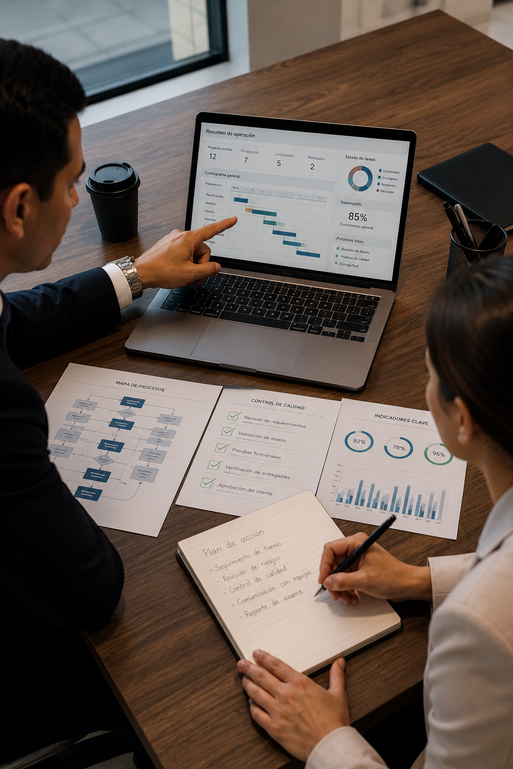 Persona señalando una pantalla de computadora con un gráfico de gestión de proyectos, mientras otra persona toma notas en un cuaderno que dice 'Plan de acción'.