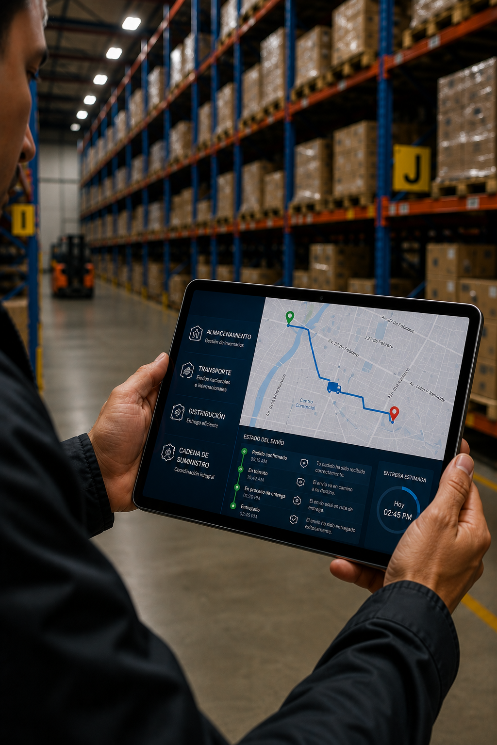 Persona revisando una pantalla digital con seguimiento de ruta en un almacén con estanterías llenas de cajas en el fondo.