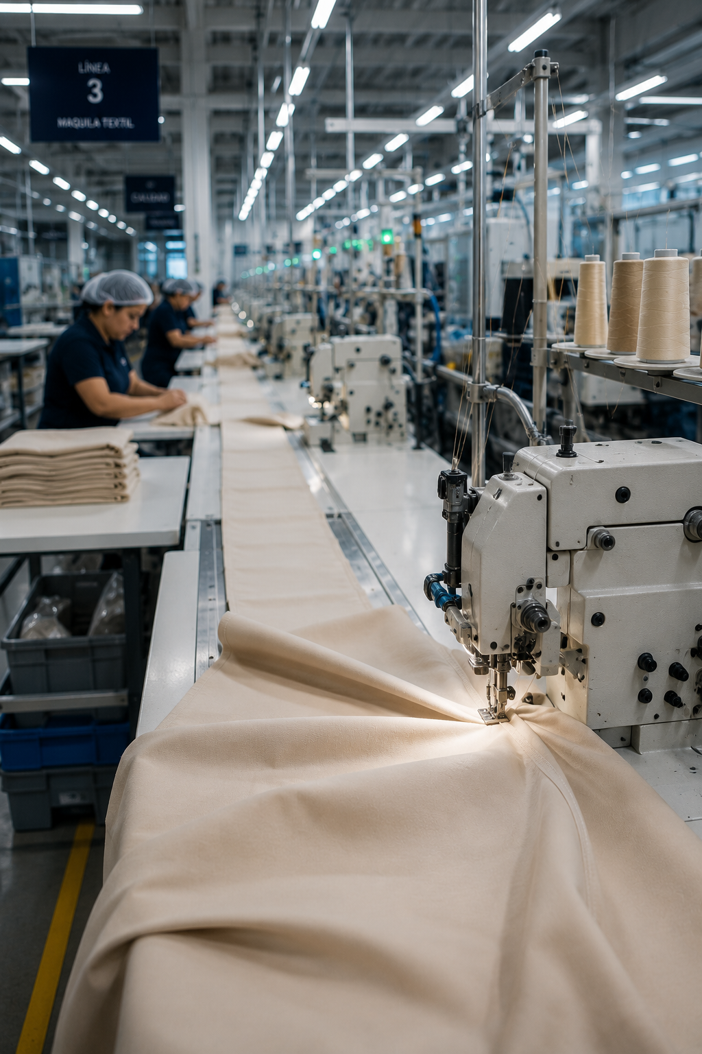 Trabajadores en una fábrica de confección cosiendo tela beige con máquinas industriales en una línea de producción.