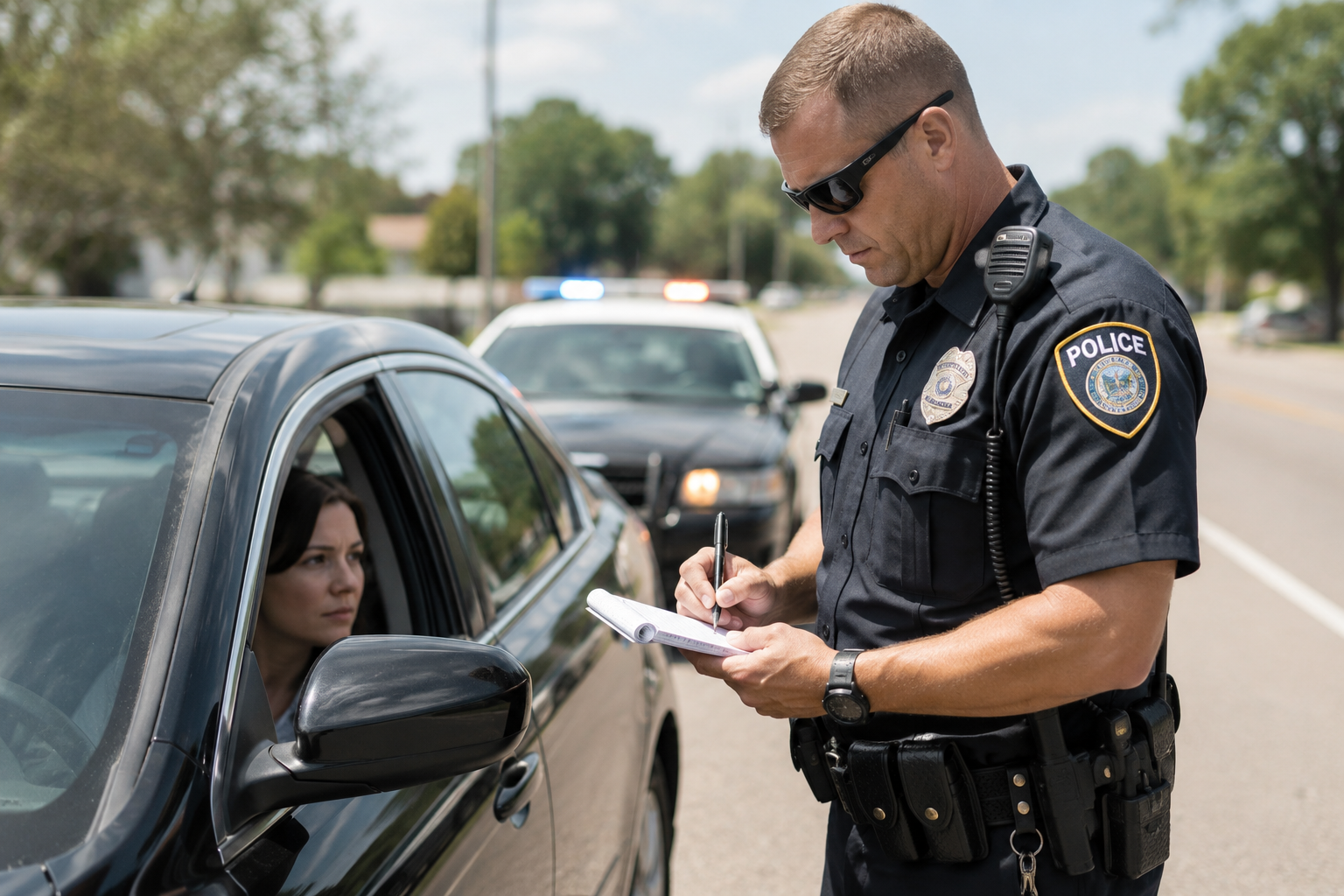 A police officer writing a ticket for a woman in a black car during the day.