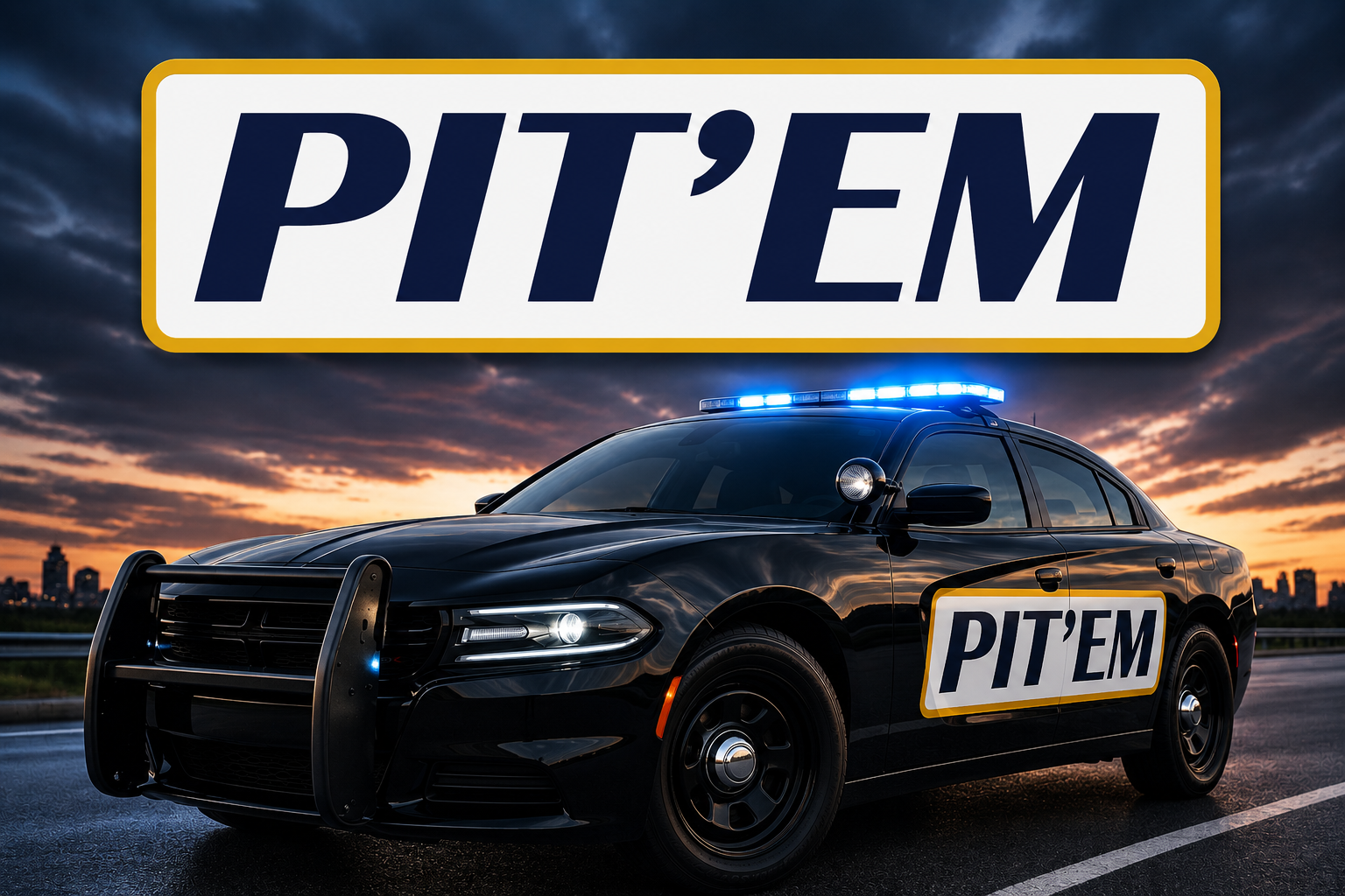 A black police car with blue emergency lights on the roof and a large 'PIT'EM' logo on the side, parked on a road at sunset with a city skyline in the background and a large 'PIT'EM' sign overhead.