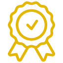 A gold medal with a checkmark in the center.