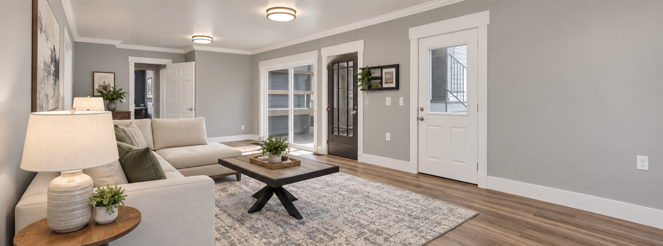 Living room with light gray walls, white trim, beige sectional sofa, wooden side table with a lamp and plant, black coffee table, patterned area rug, sliding glass door, front door, and hardwood floors.