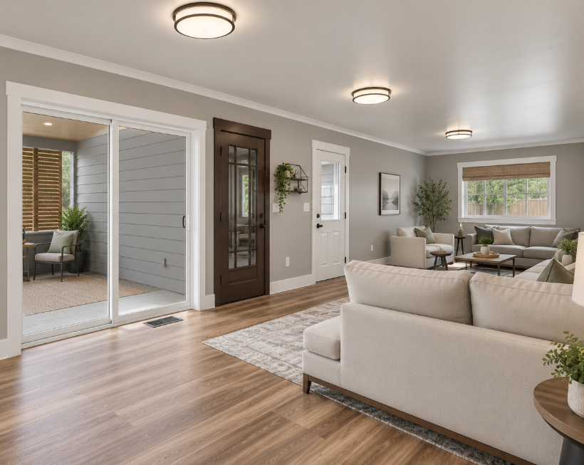 Living room with beige sofas, wooden floor, gray walls, large window, and a view of a screened porch with outdoor furniture.