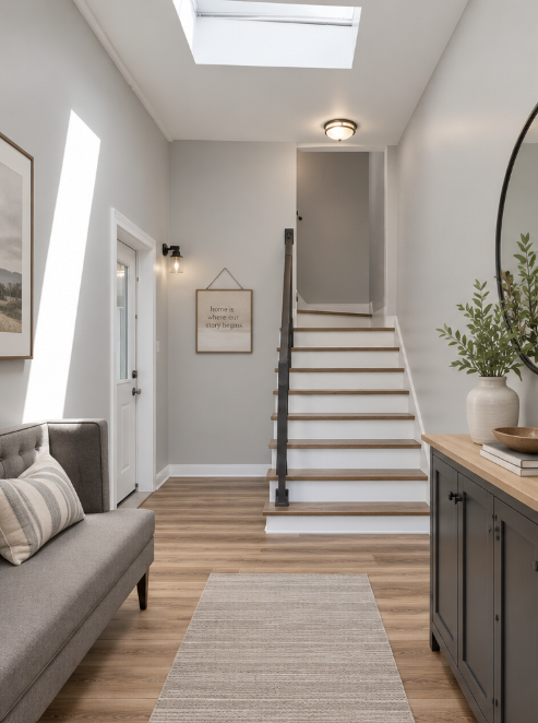 Modern living room with staircase leading to upper level, gray sofa with striped pillow, wood floor, and decorative items on sideboard.