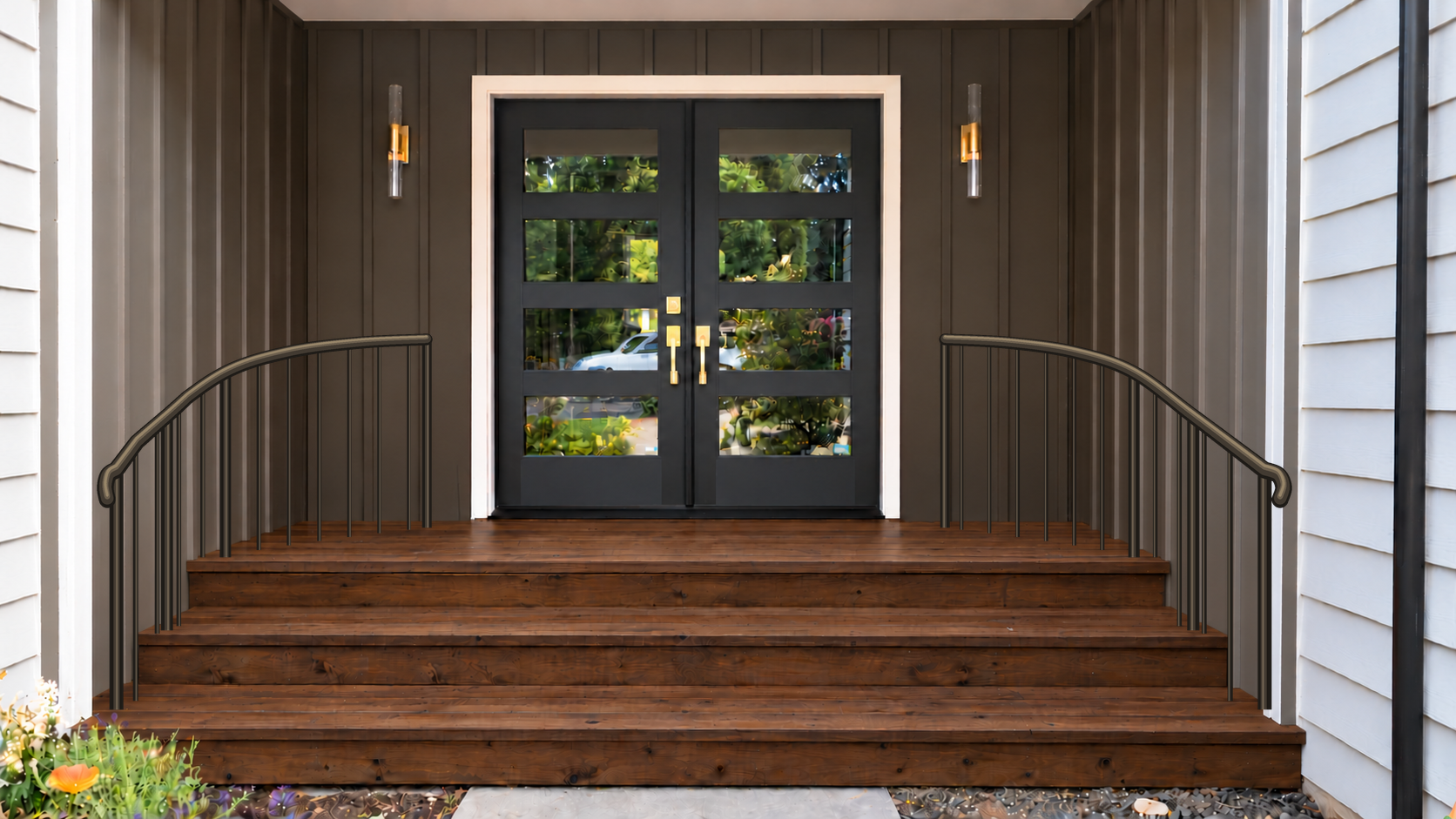 Modern black double front doors with glass panels, brass hardware, wood steps, and curved metal railings