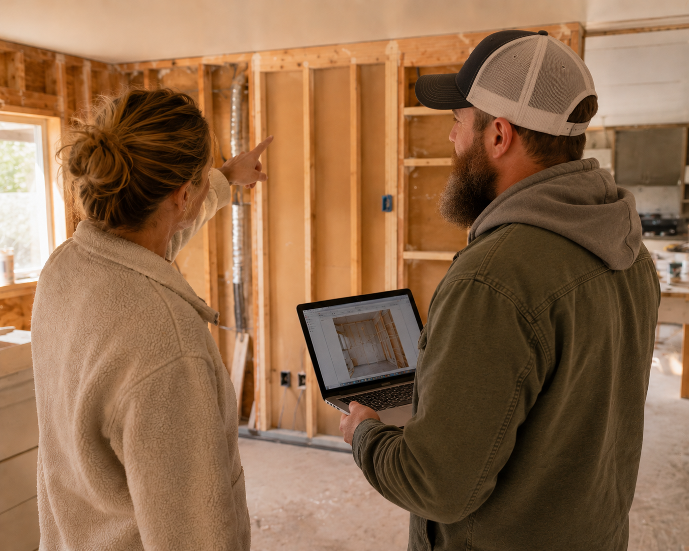 A woman and a man discussing a construction project inside an unfinished room, with the woman pointing at the wall and the man holding a laptop with a construction plan on the screen.