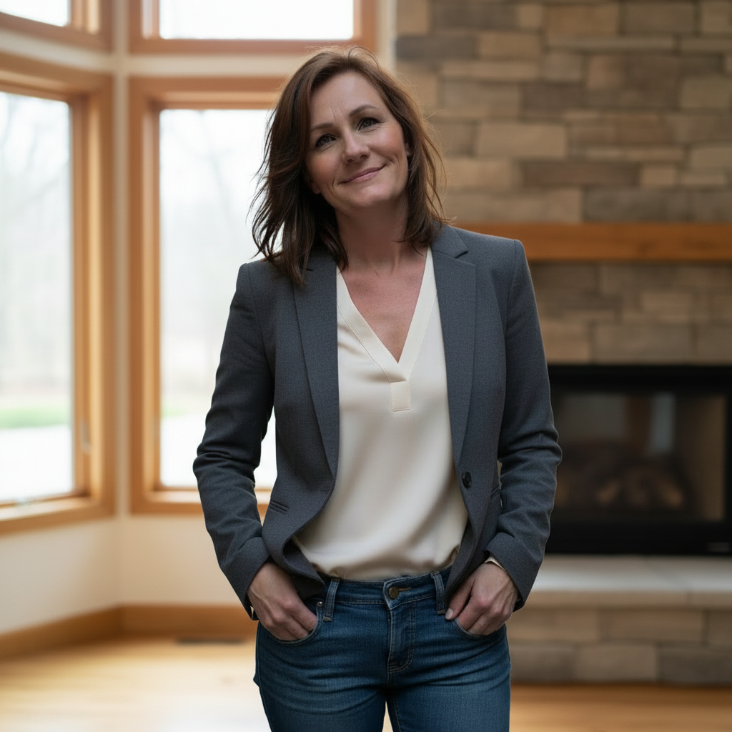 A woman with shoulder-length brown hair wearing a gray blazer over a white blouse and jeans, standing indoors with large windows and a brick fireplace in the background, smiling softly.