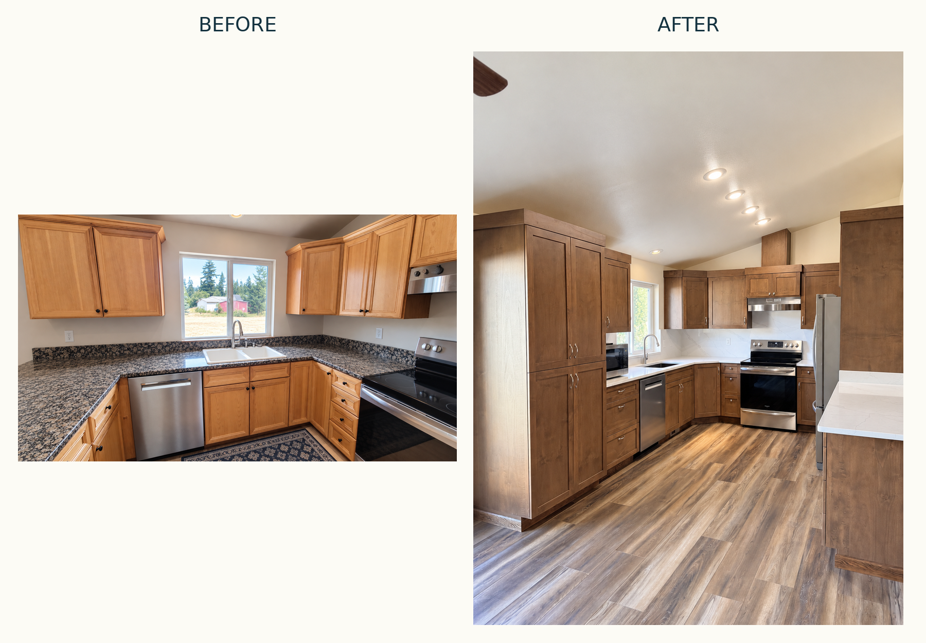 Before-and-after kitchen remodel showing dated oak cabinets and granite countertops replaced with dark wood cabinetry, white countertops, stainless steel appliances, and new flooring