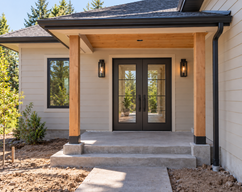 Front entrance of a house with double black doors and a small porch with concrete steps, flanked by wall-mounted black lanterns, with small plants and trees visible in the background.