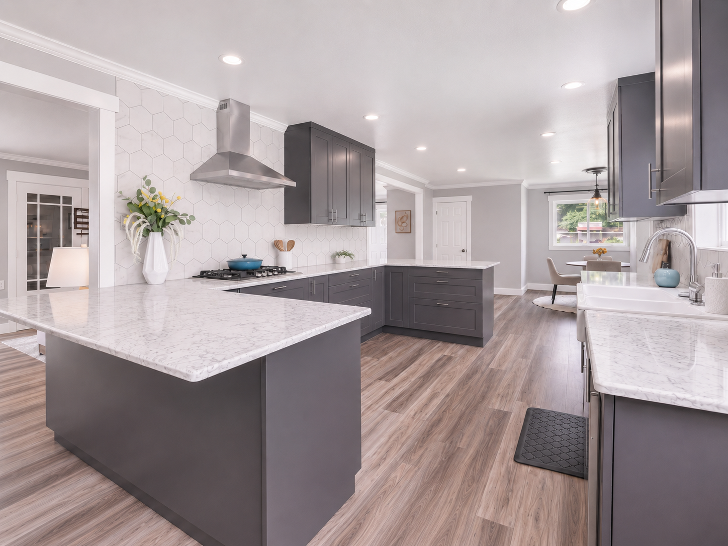 Modern kitchen with gray cabinets, white marble countertops, and wood floor. Features a stove, a range hood, a sink, and decorative items like a vase and a cutting board.