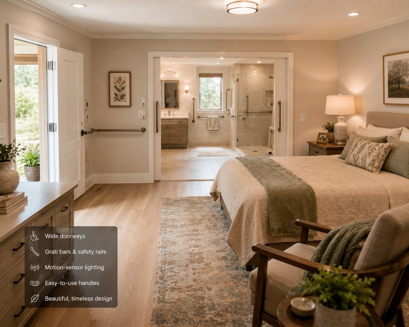 A cozy bedroom with a large bed, side table with lamp, and armchair. The room opens to a spacious bathroom with wide doorways, grab bars, and safety rails. The bathroom features a walk-in shower with a glass door, a vanity with mirror, and a window. Natural light fills the space, decorated with plants, artwork, and neutral tones.