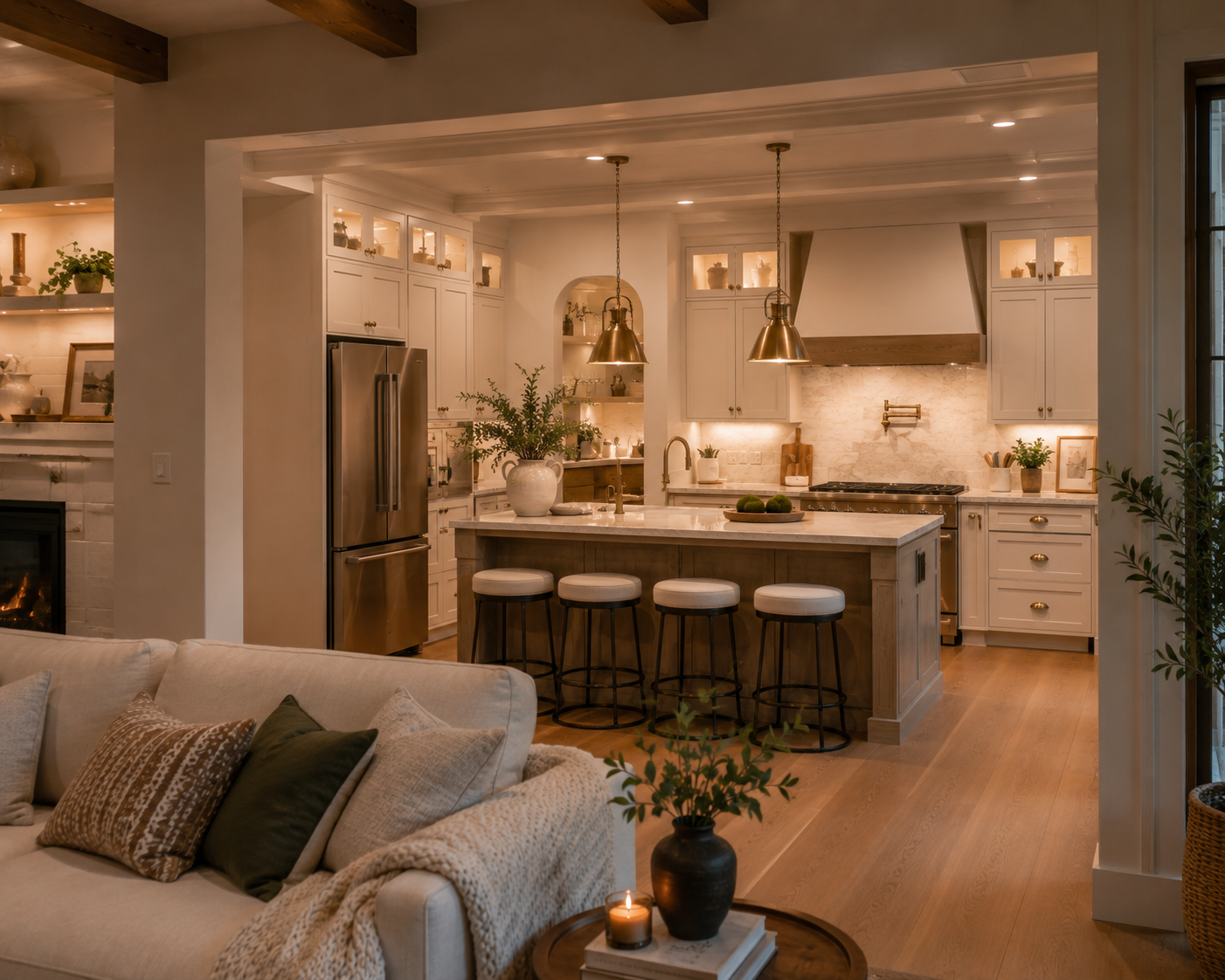 Open-concept kitchen with white cabinetry, a kitchen island with barstools, stainless steel refrigerator, and warm lighting, adjacent to a living room with a beige sofa and cozy decor.