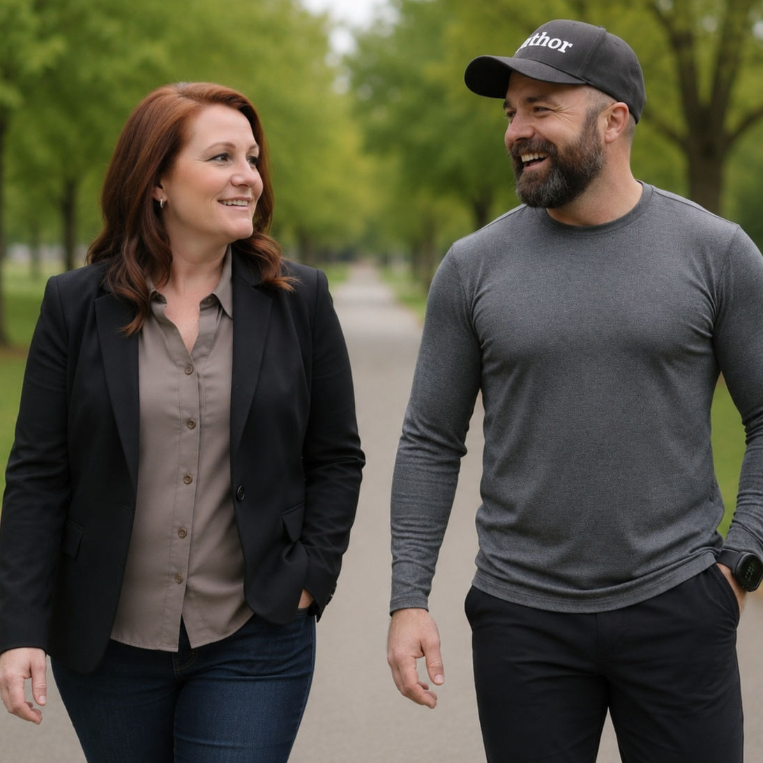 Two people, a woman with red hair wearing a black blazer and gray blouse and a man with a beard wearing a gray long-sleeve shirt and black cap, are walking and talking outdoors on a tree-lined path