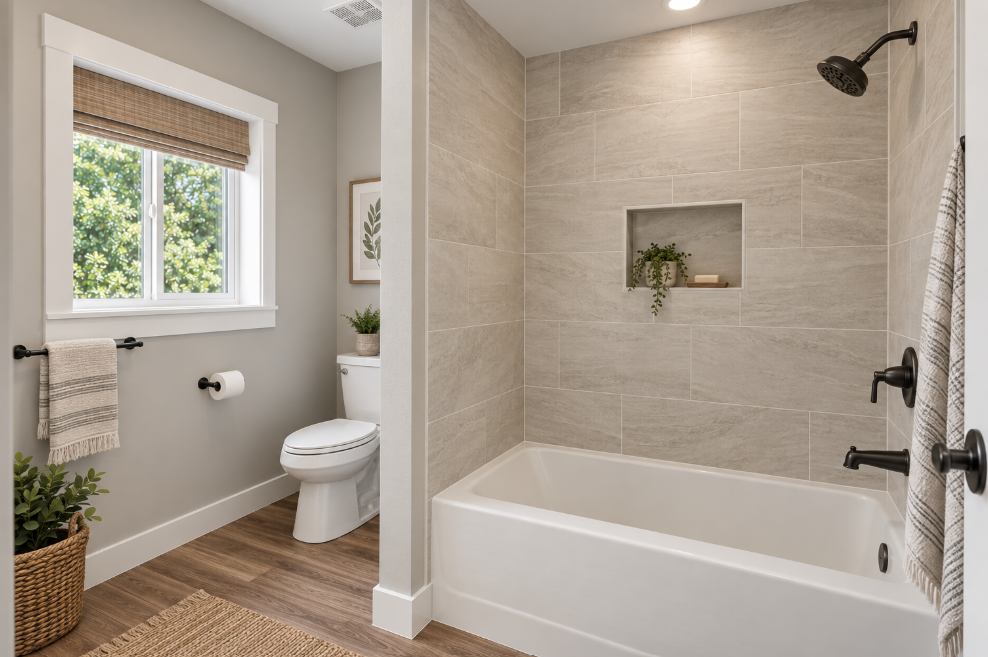 Modern bathroom with a bathtub, beige tiled wall, showerhead, green plant in a recessed niche, window with a wooden blind, toilet, framed art, and a potted plant on the floor.