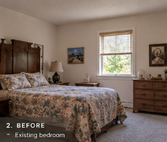 A bedroom with a wooden bed frame and floral bedding, a dresser with a lamp on it, and framed pictures on the walls, with a window letting in natural light.