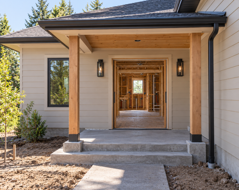 Front porch of a house with unfinished interior visible through an open doorway, with two black outdoor wall lights and new wooden posts supporting the porch roof.