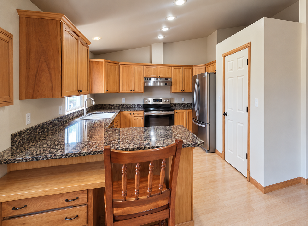Spacious kitchen with oak cabinets, granite countertops, stainless steel appliances, center island, and wooden barstool.