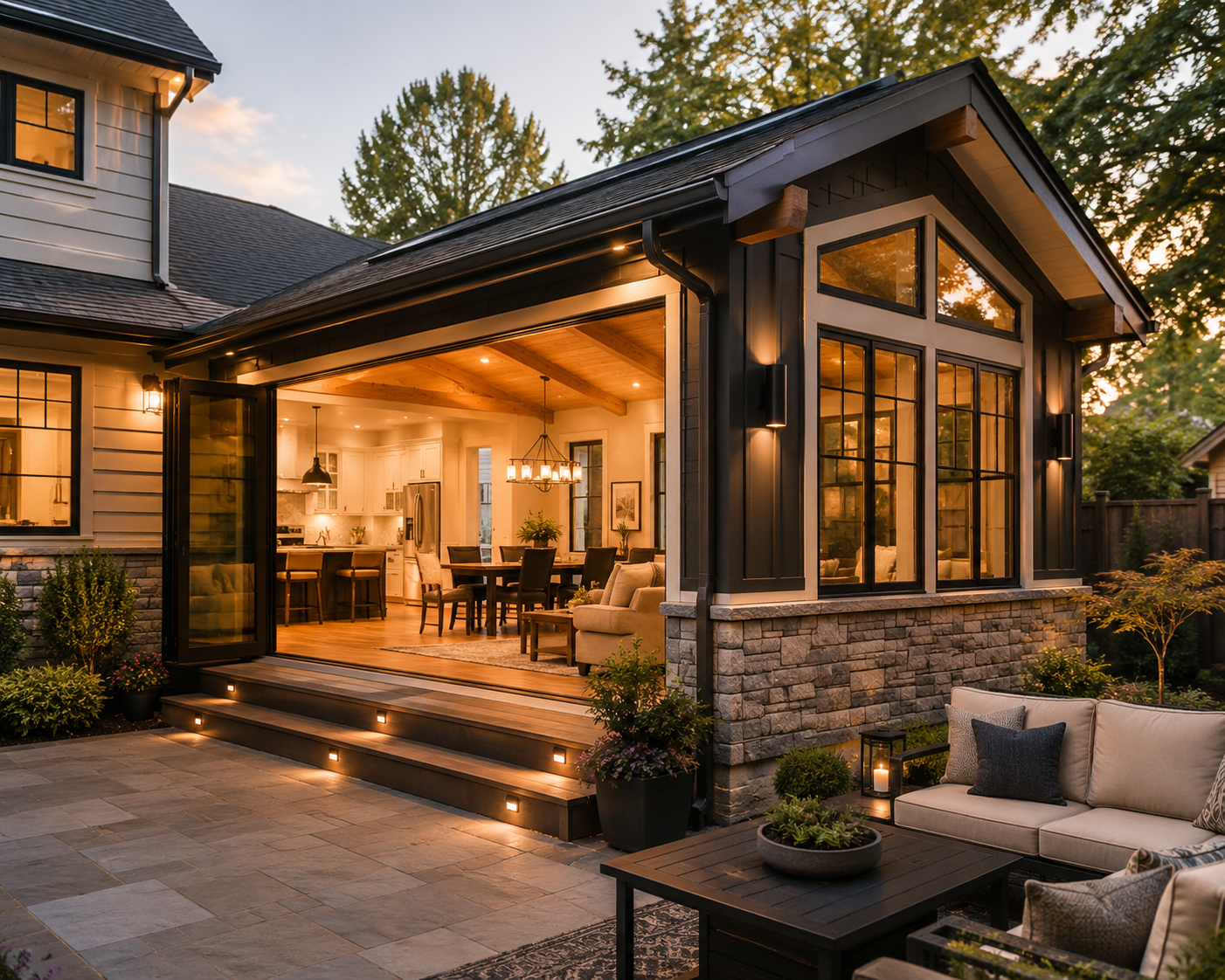 A cozy backyard with a screened-in porch, outdoor seating area, and illuminated stairs at sunset, showing a modern house with a garden.