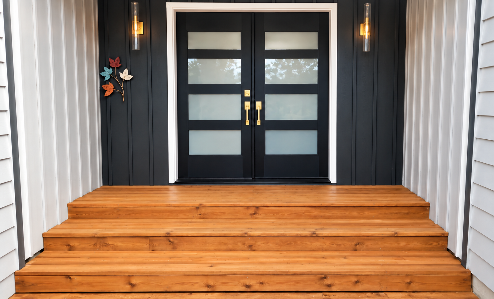 Modern black double front doors with frosted glass panels, brass hardware, and wall sconces above a warm wooden porch.