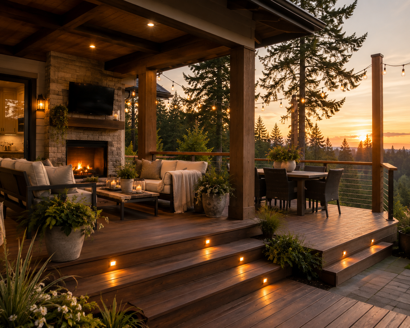 A cozy outdoor deck with a wood floor, string lights, and potted plants, overlooking a forest at sunset. It features a firepit, cushioned seating, and a dining area.