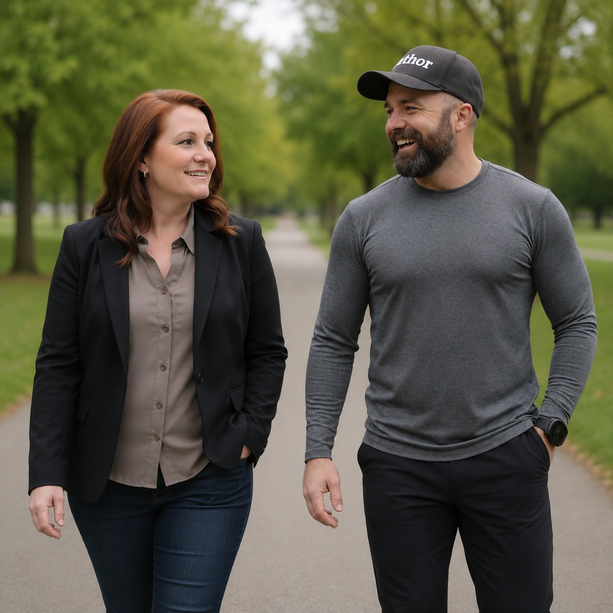 A woman and a man walking and talking in a park with green trees, smiling at each other.