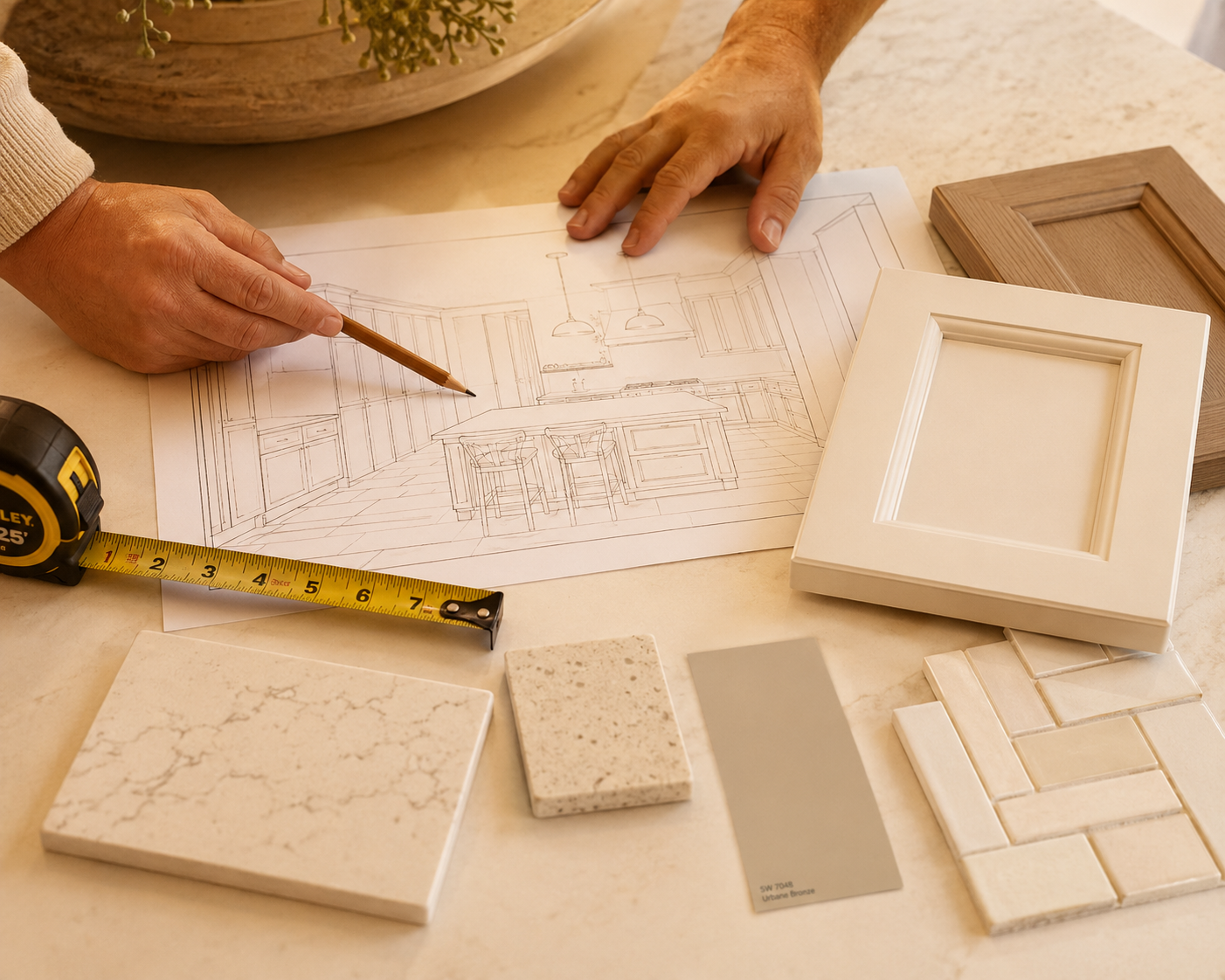 A person working on an interior kitchen design sketch surrounded by tile samples, cabinet door samples, a measuring tape, and a color swatch. They are pointing at the sketch with a pencil.