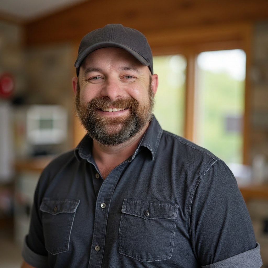 A smiling man with a beard wearing a dark baseball cap and a dark button-up shirt indoors with blurred windows and wooden walls in the background.