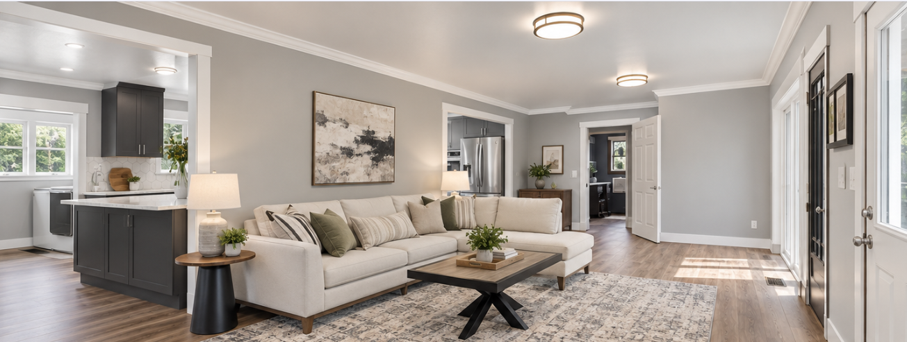 Living room with a white sectional sofa, pillows, a wooden coffee table, and a gray and beige area rug. Adjacent kitchen with black cabinets and white countertops is visible in the background.