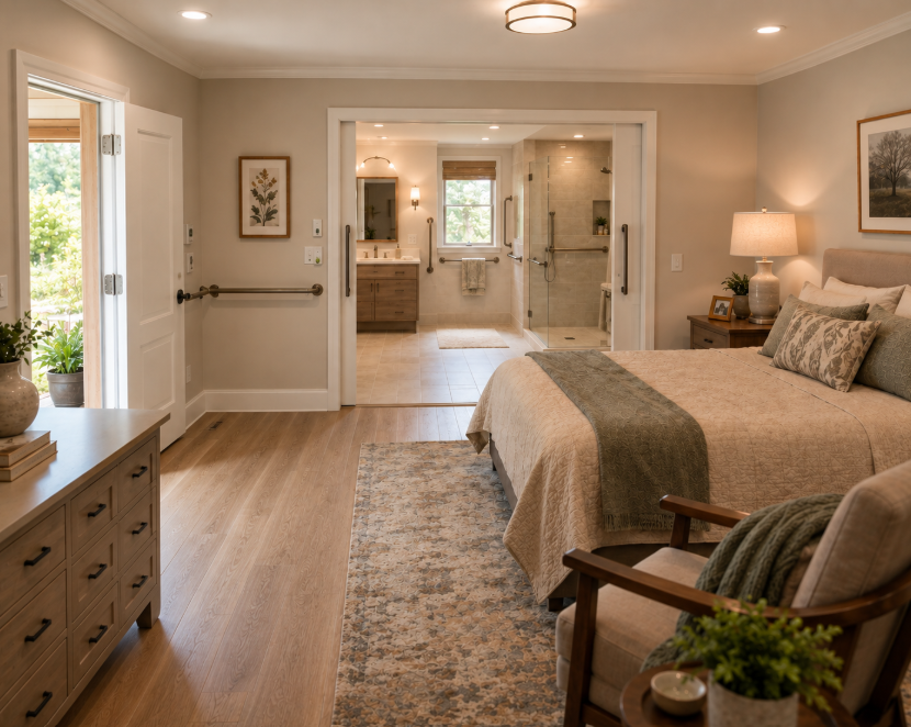 A cozy bedroom with a king-size bed, bedside table with lamp, armchair with throw blanket, and a view into a bathroom with a walk-in shower, vanity, and window.