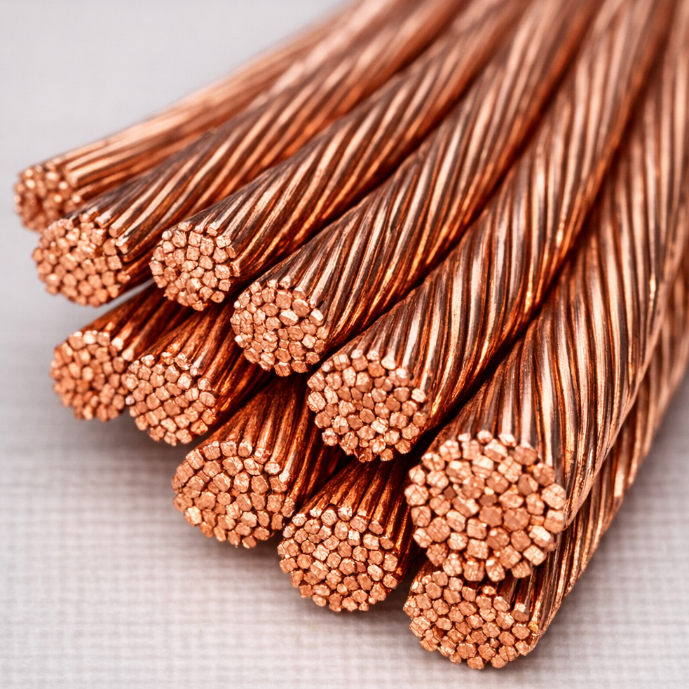 Close-up of copper-coated electrical wires grouped together.