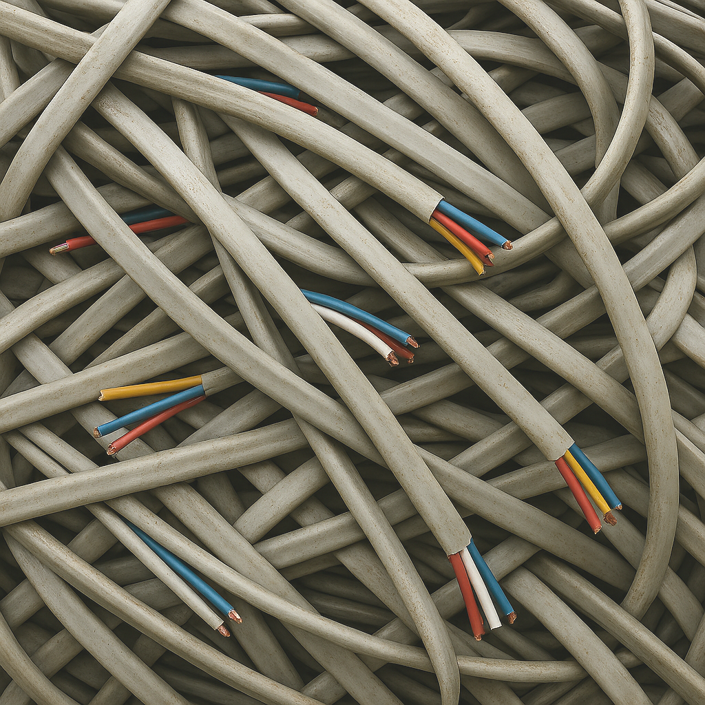 Disorganized pile of gray electrical wires with exposed colored inner wires, including red, blue, yellow, and white.