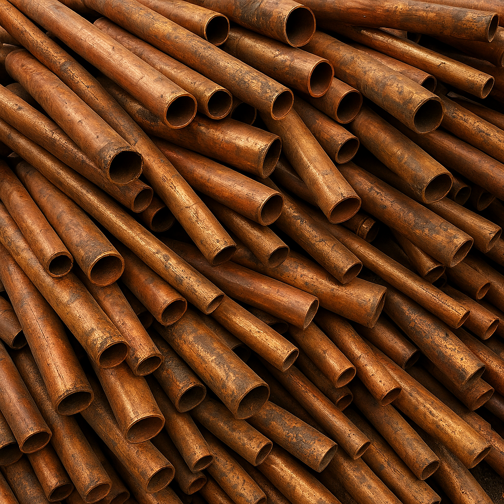 A pile of rusty, pipe-like metal tubes stacked together.