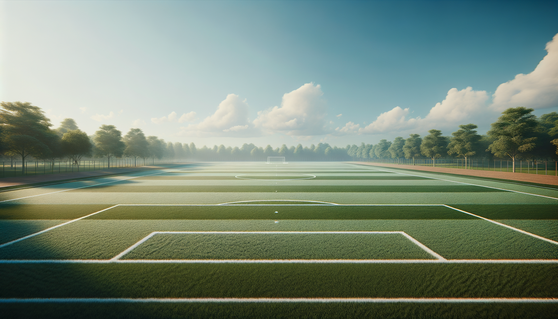 Empty football field with goalposts, surrounded by trees and a fence, under a partly cloudy sky.