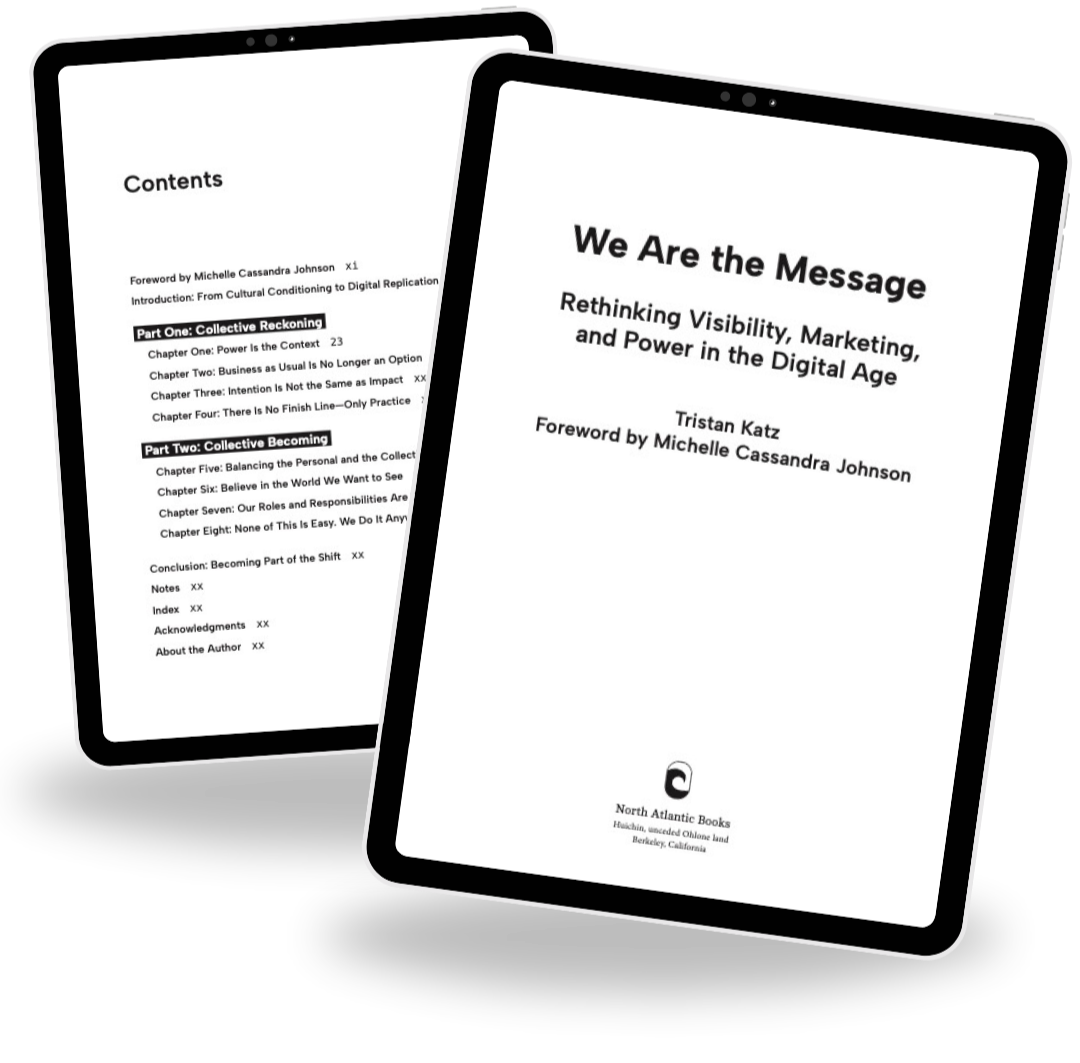 Digital books or e-books on tablets, displaying the cover of 'We Are the Message' and an interior chapter list of another book.
