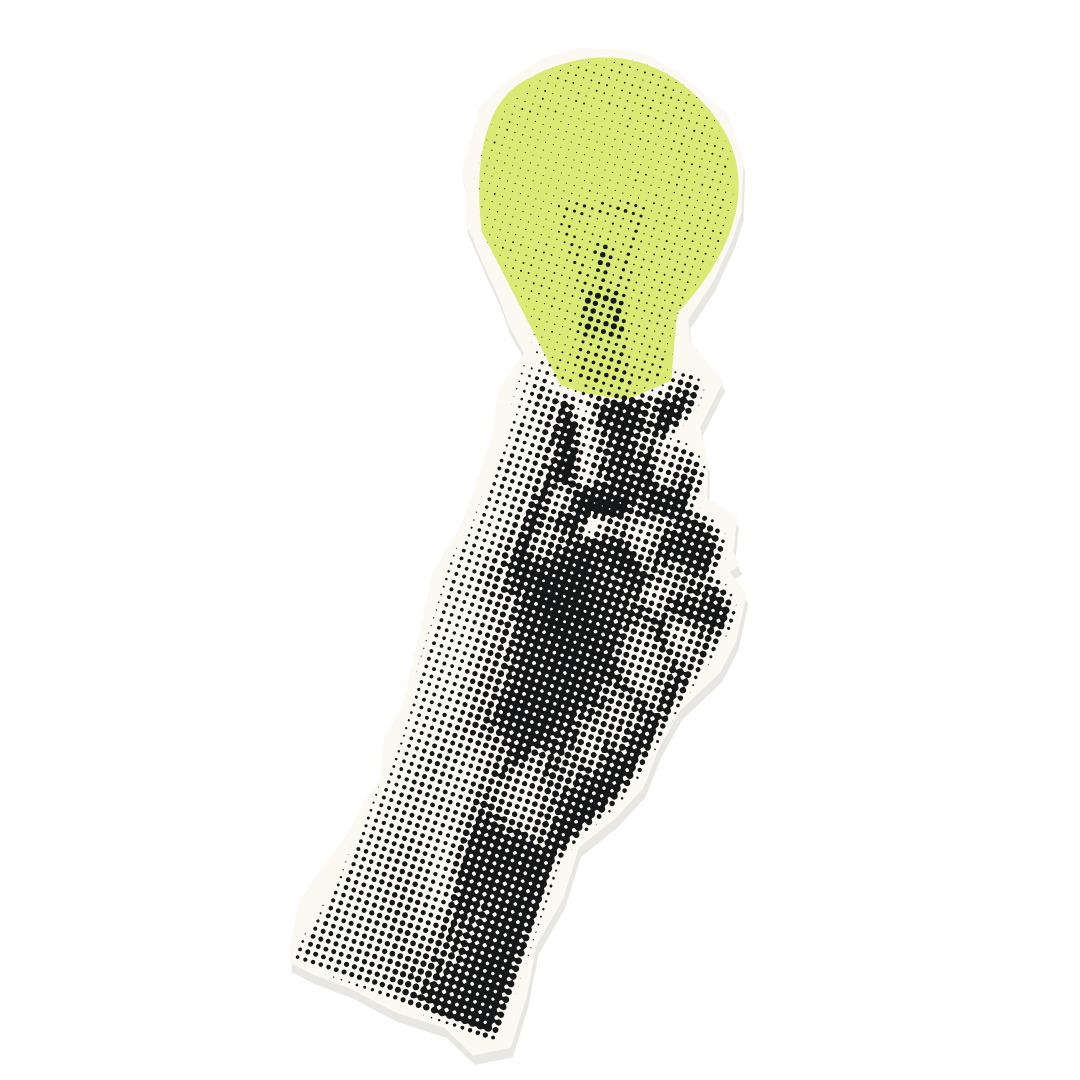 A stylized illustration of a hand holding a lightbulb with a question mark inside it, representing an idea or innovation.