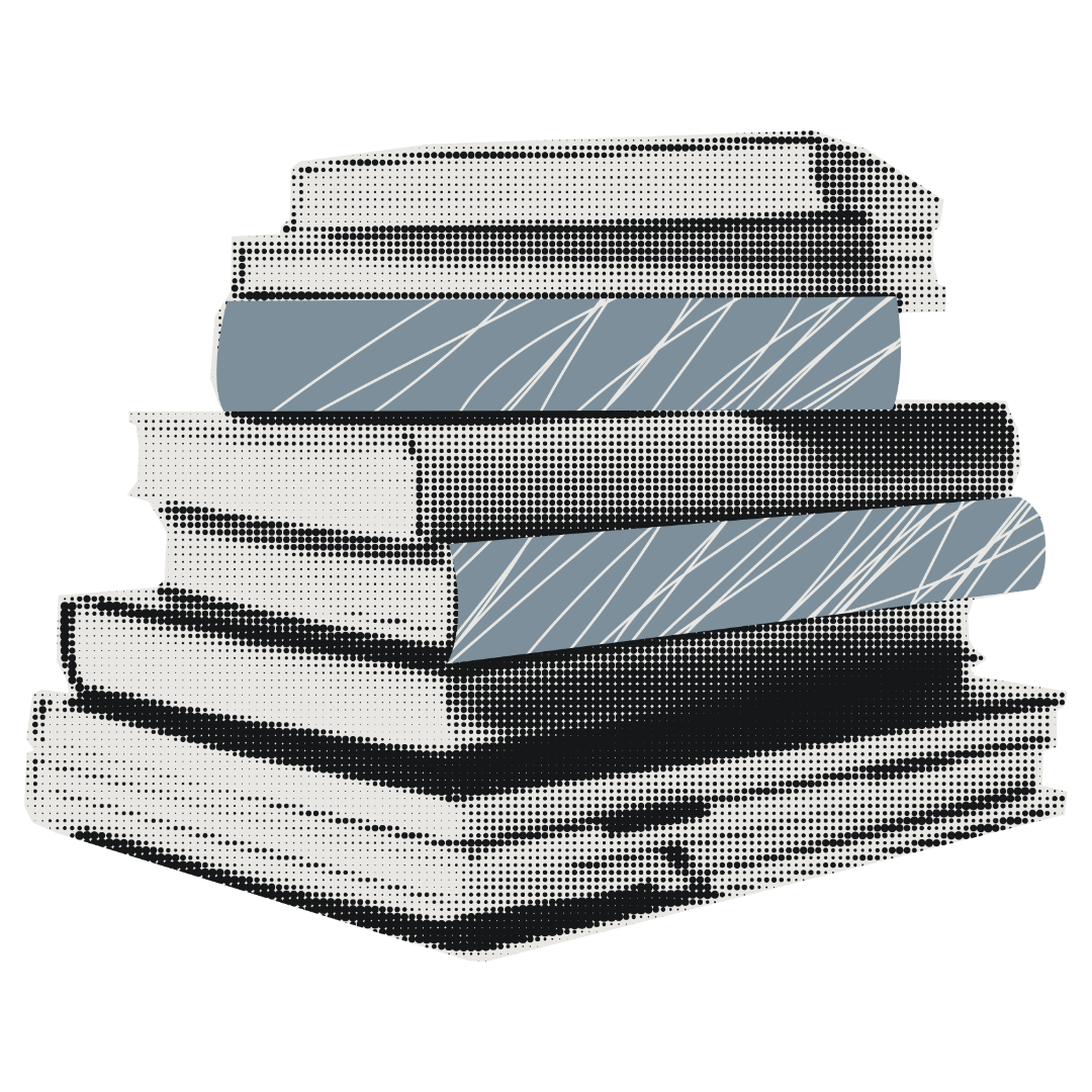 Stack of books with white, gray, and black covers against a black background.