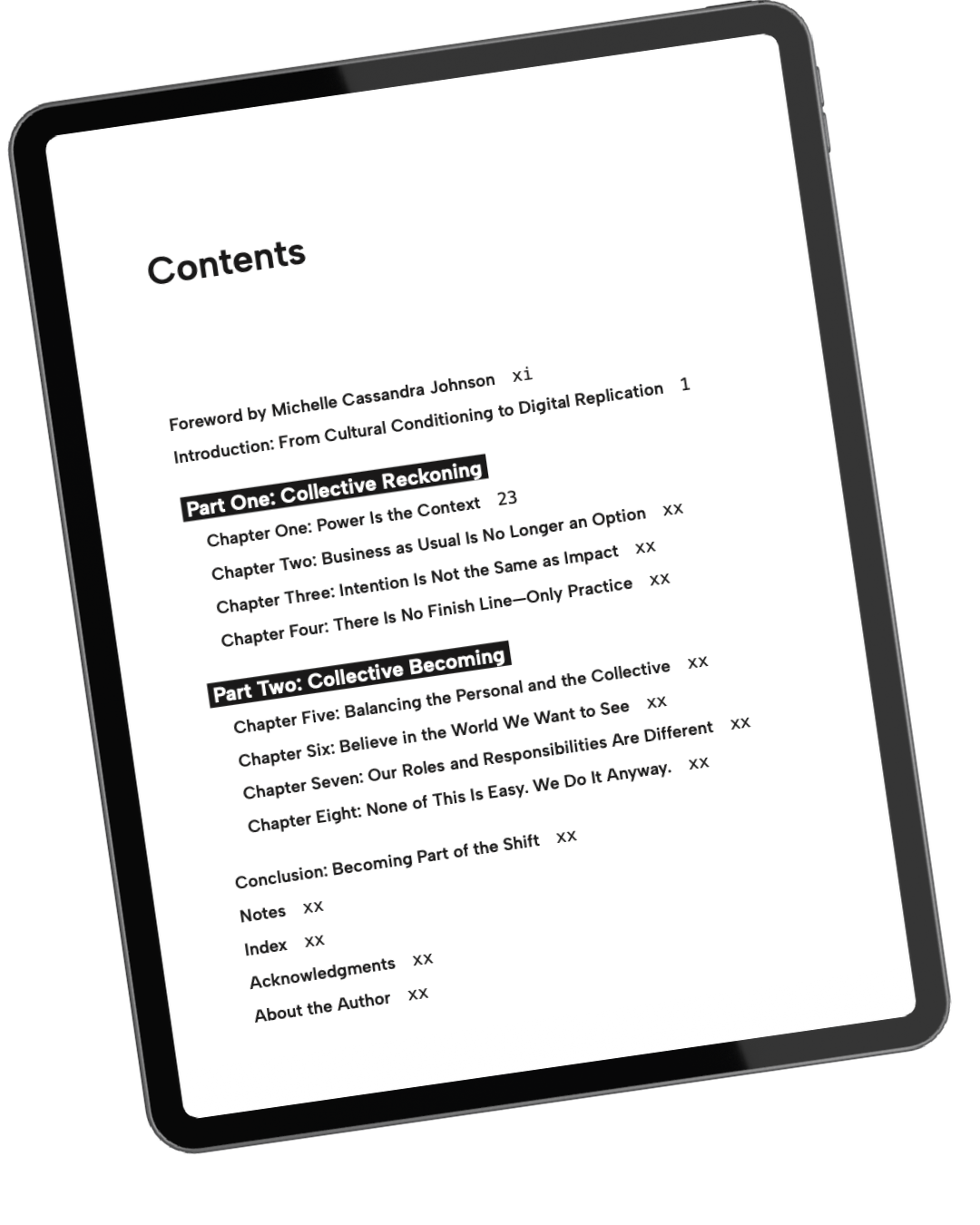 A tablet displaying the table of contents of a book, including sections on collective reckoning and becoming.