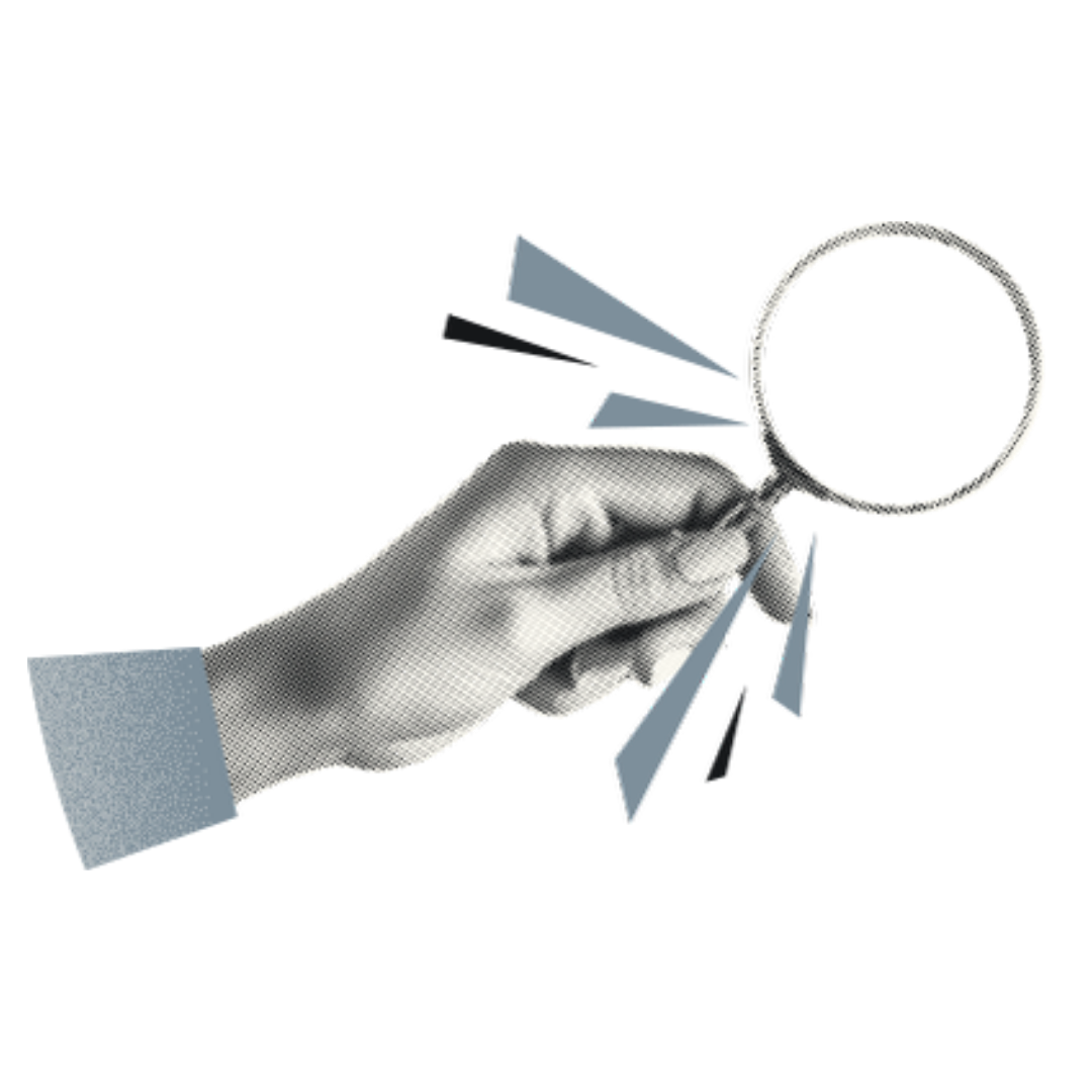 Hand holding a magnifying glass examining a document or chart with bars, against a black background.