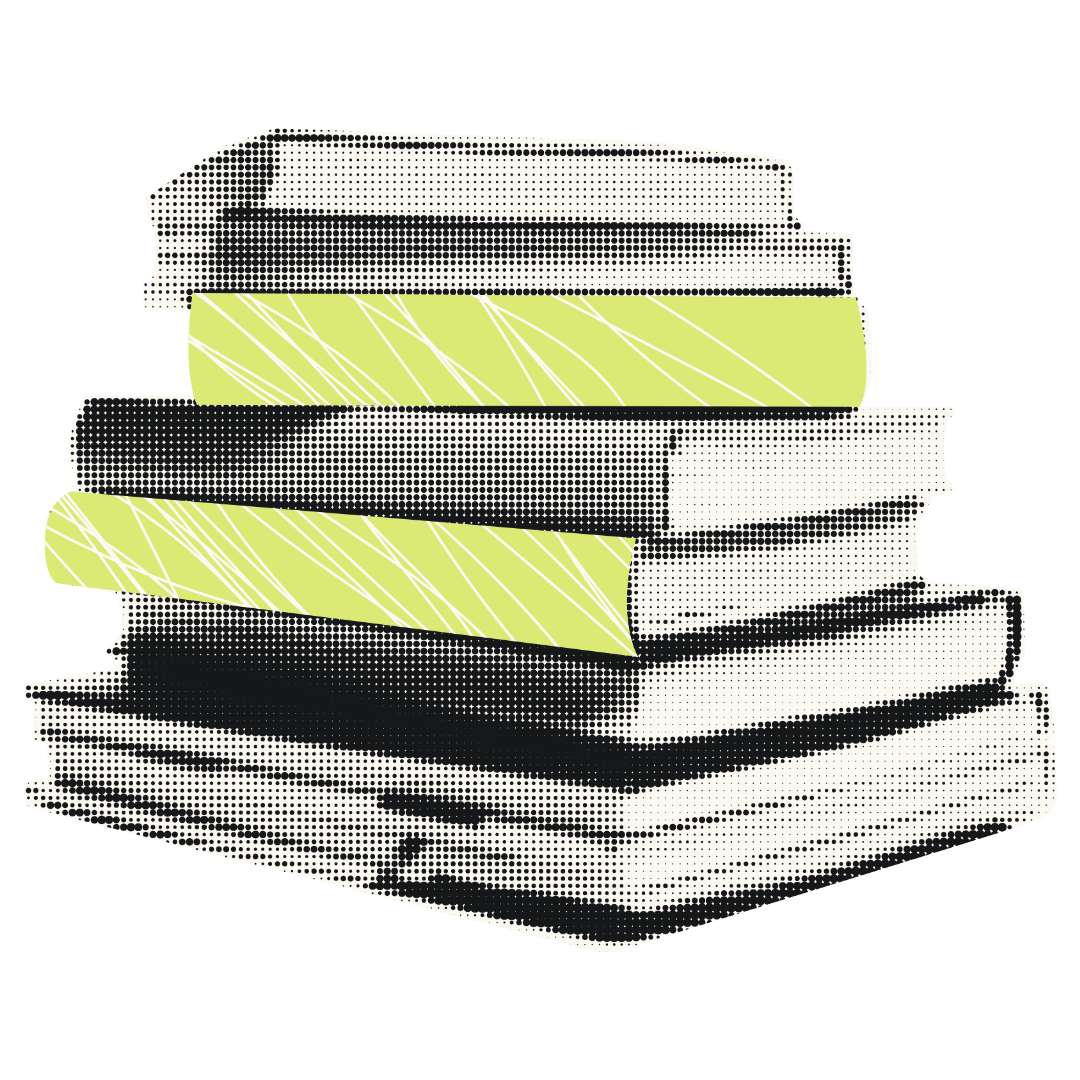 Stack of books with black and white illustrations and two highlighted green books.