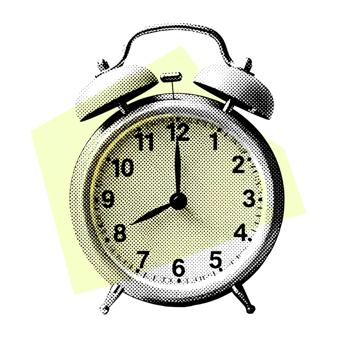 Yellow alarm clock showing 8:00.
