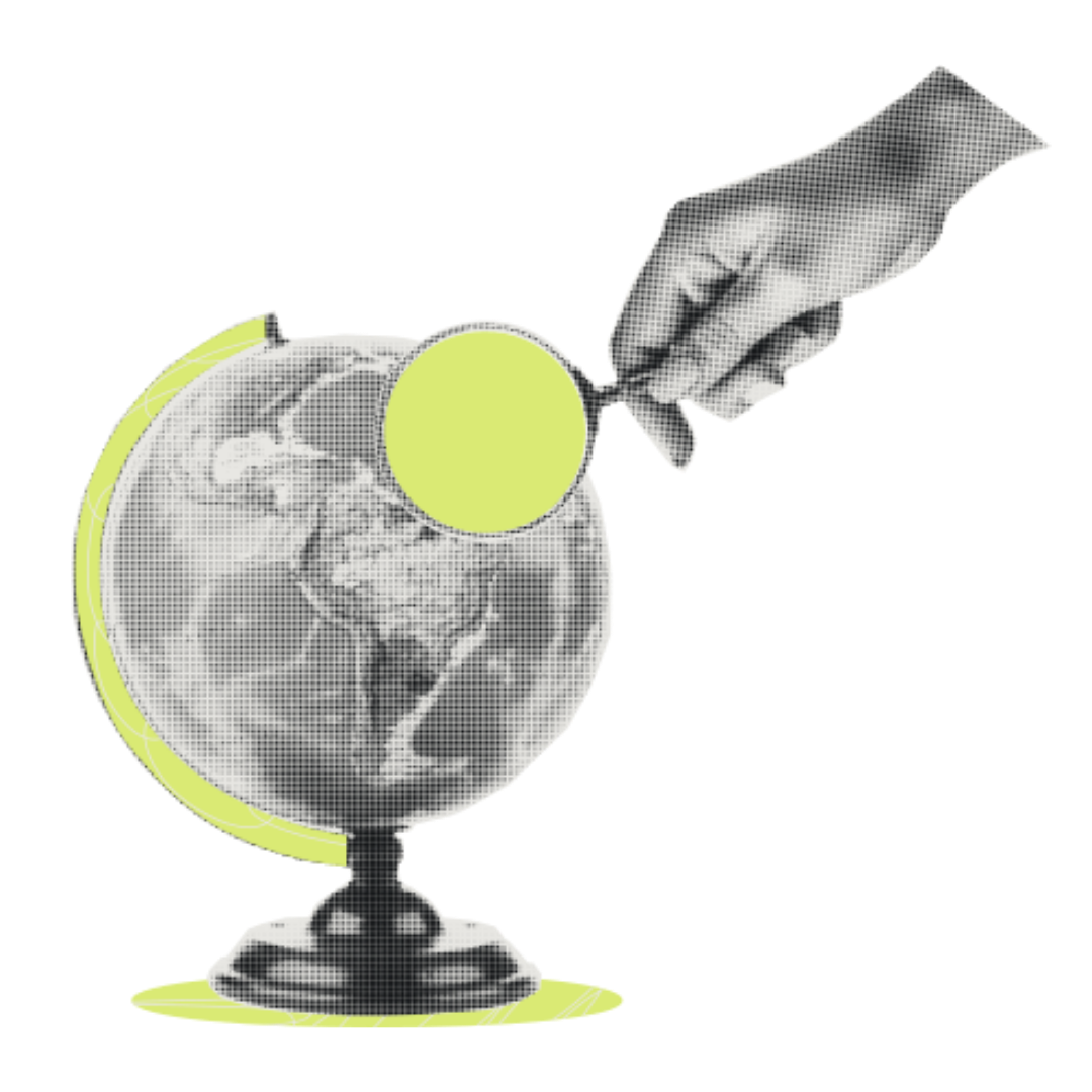 A globe with a hand placing a yellow sticker on it, symbolizing global interaction or environmental issues.