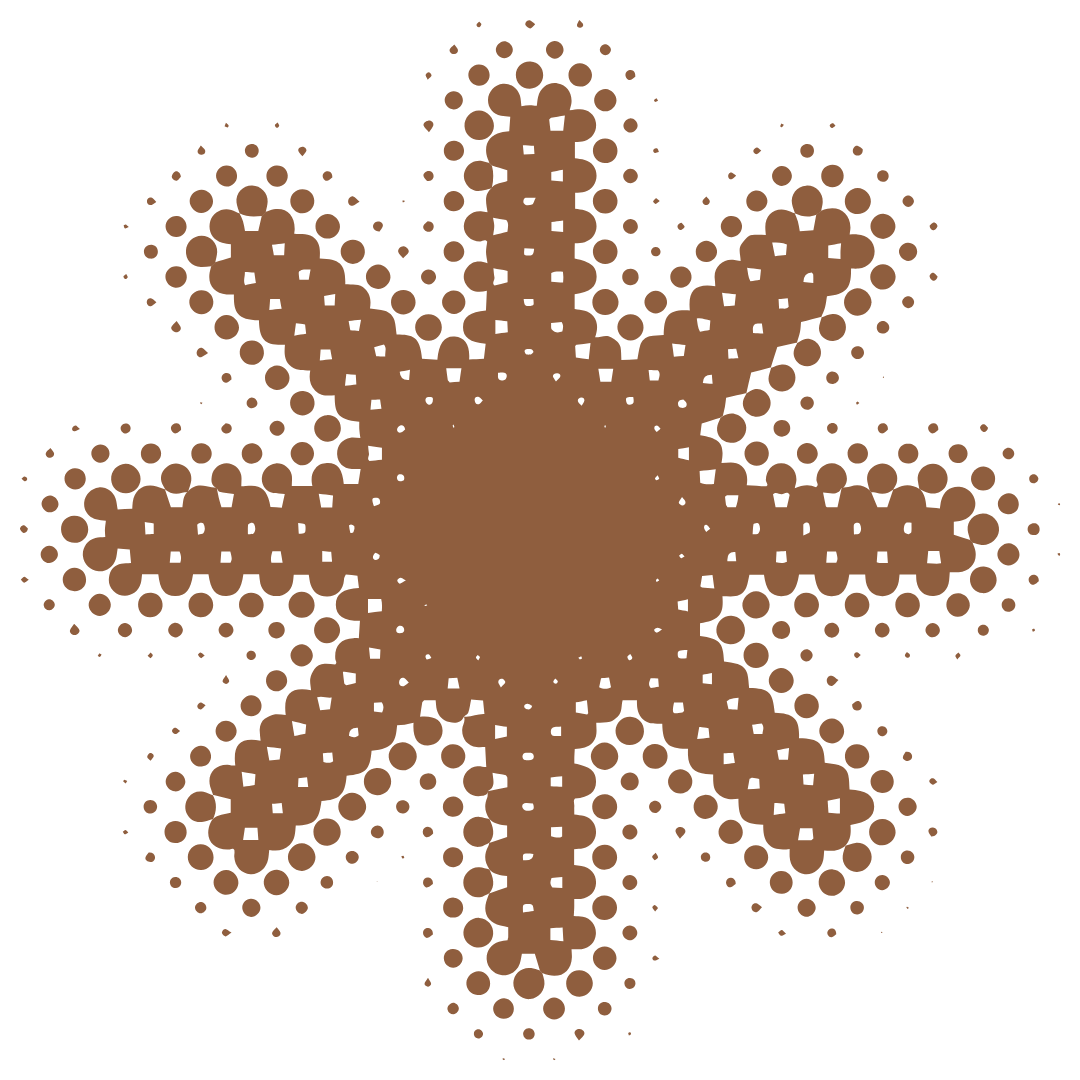 Digital graphic of a starfish made of brown dots on a black background.