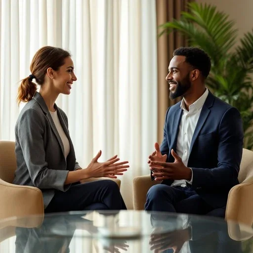 A woman and a man having a conversation in a cozy, well-lit room with curtains and a large green plant in the background.