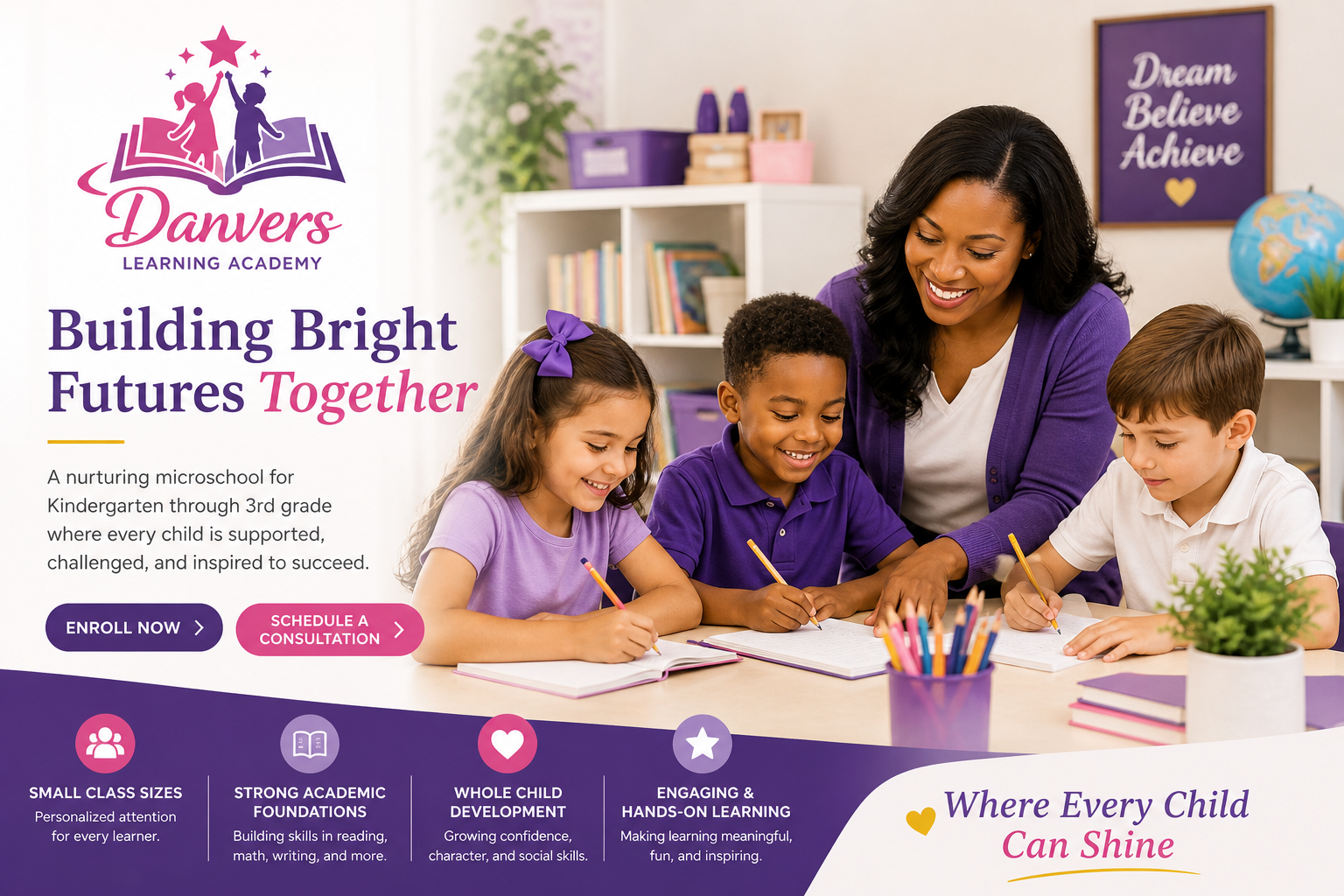 A teacher with three kindergarten students sitting at a desk, smiling and writing in notebooks, in a colorful classroom with educational posters and a globe.