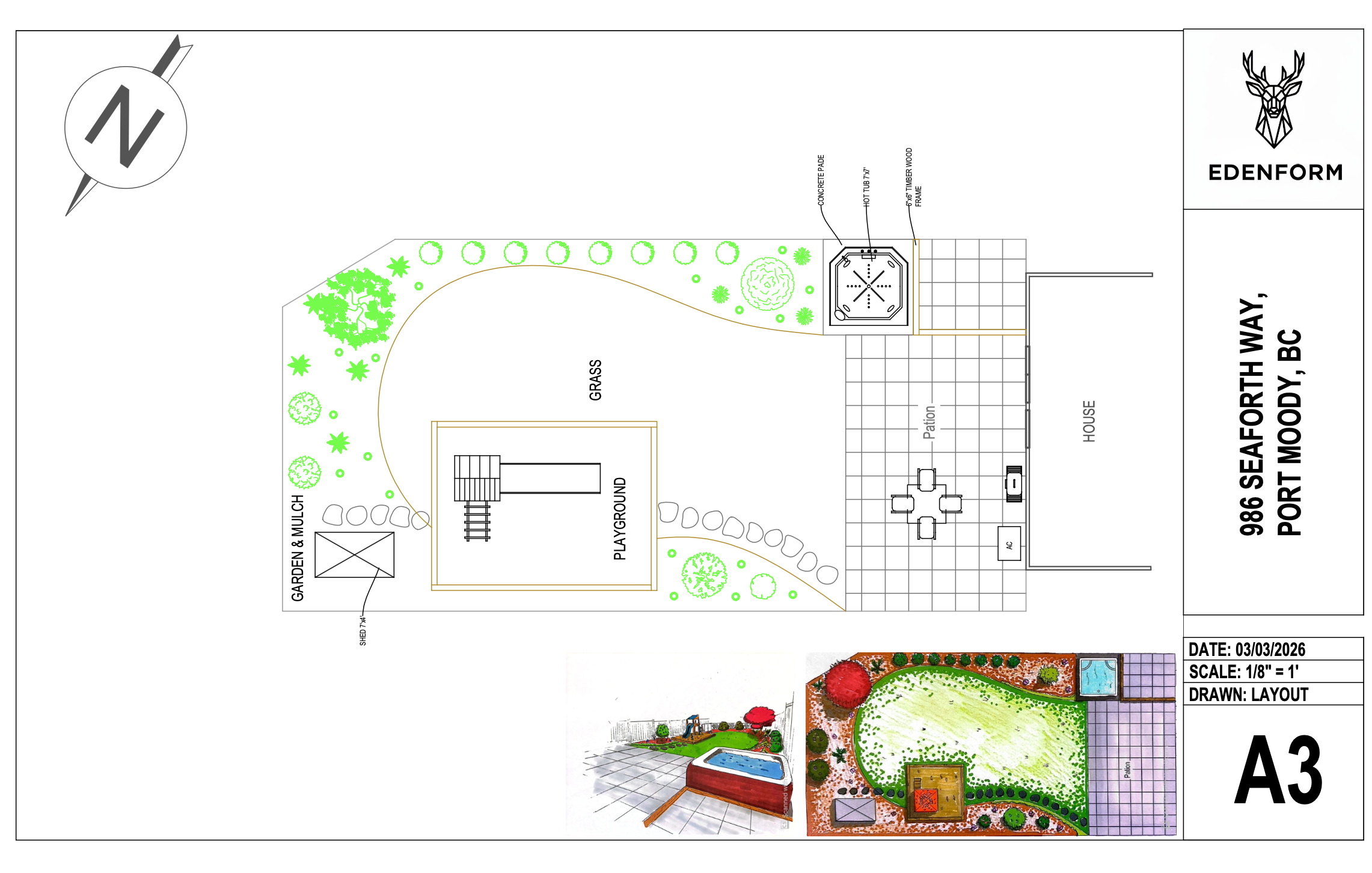 Garden layout plan includes a play area, a garden and mulch section, a patio, a house, a hot tub, and a pathway with trees and shrubs surrounding the yard. It also features a swimming pool, a deck area, and outdoor furniture.